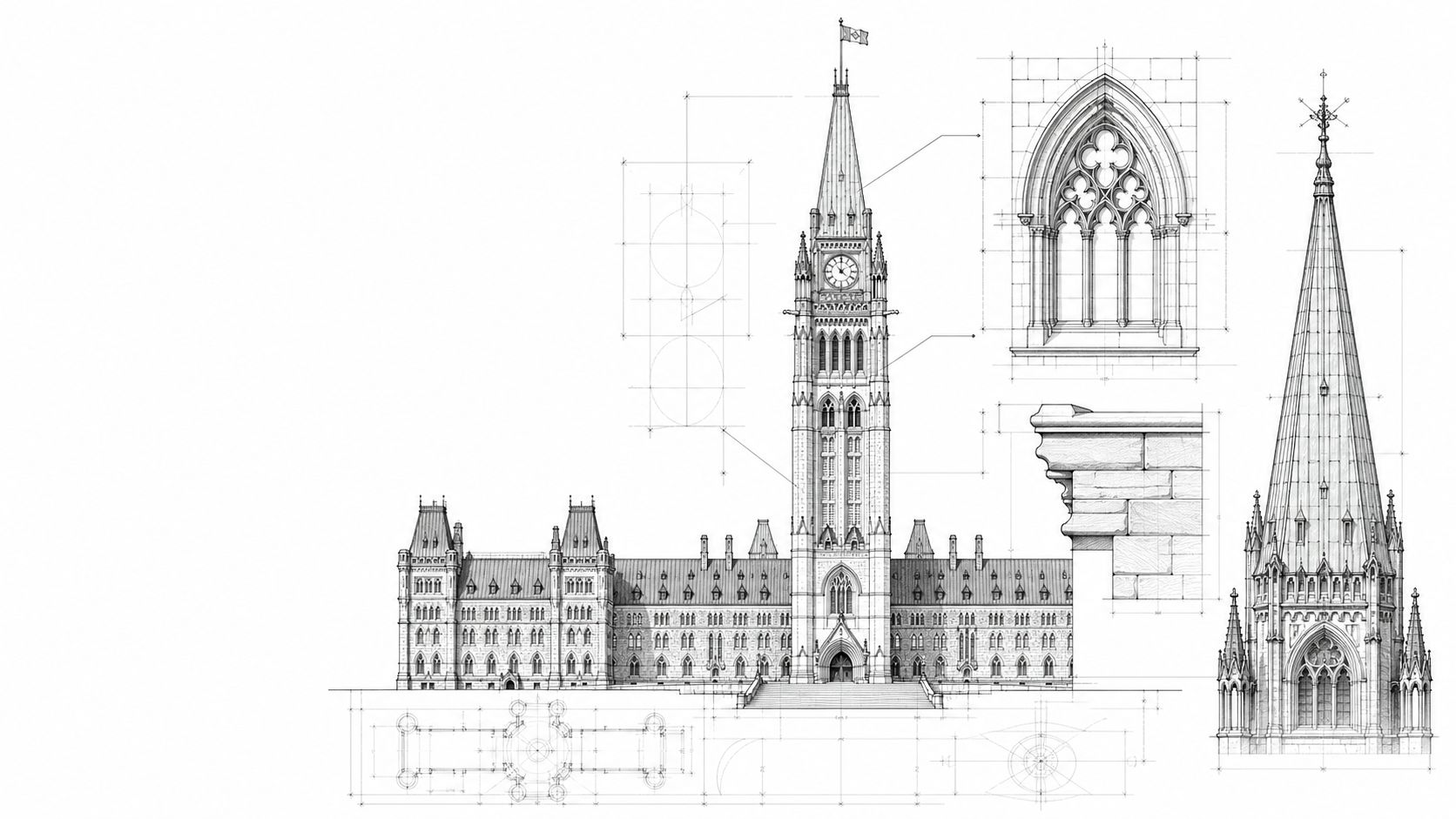 Dessin architectural inspiré de la Colline du Parlement et de la Tour de la Paix à Ottawa