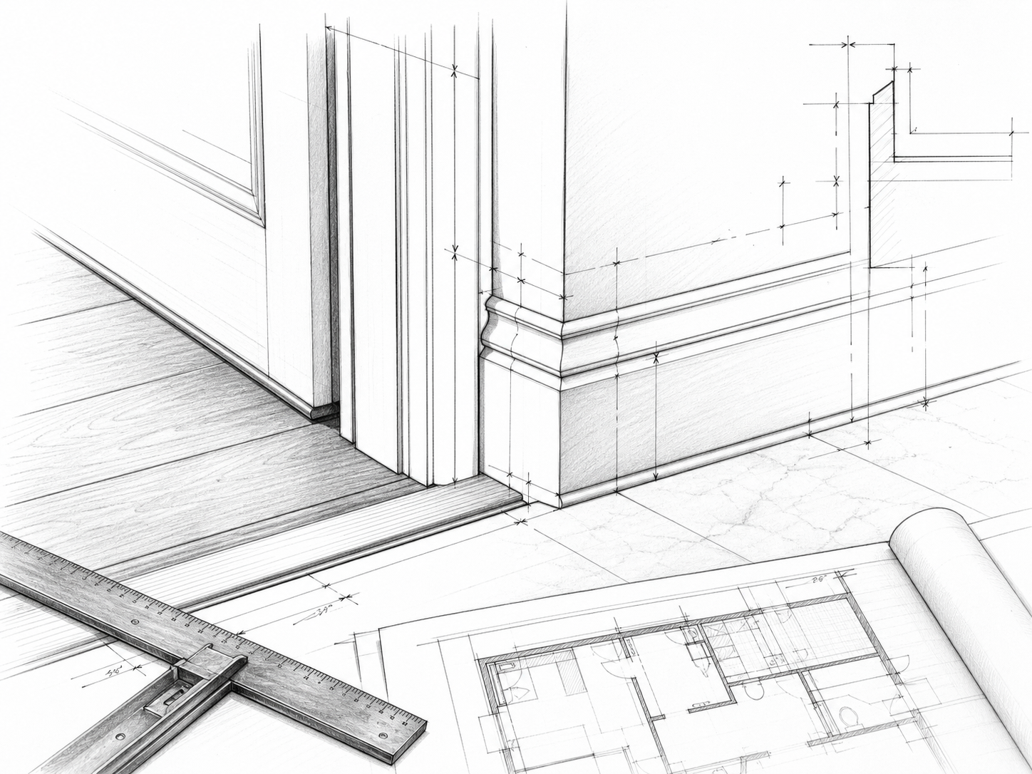 Détail de rénovation au graphite montrant une porte, des moulures, une transition de plancher et des outils de mesure